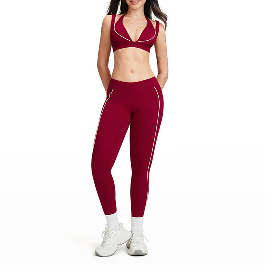 Color-block backless bra + high-waisted leggings 2-piece set