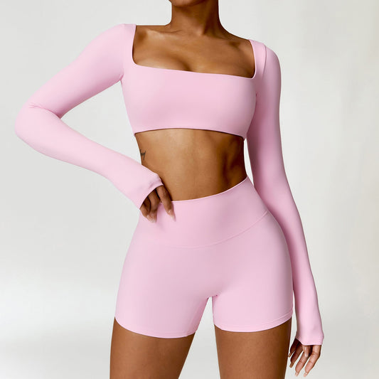 Nude long sleeve crop top + high waist shorts 2-piece set