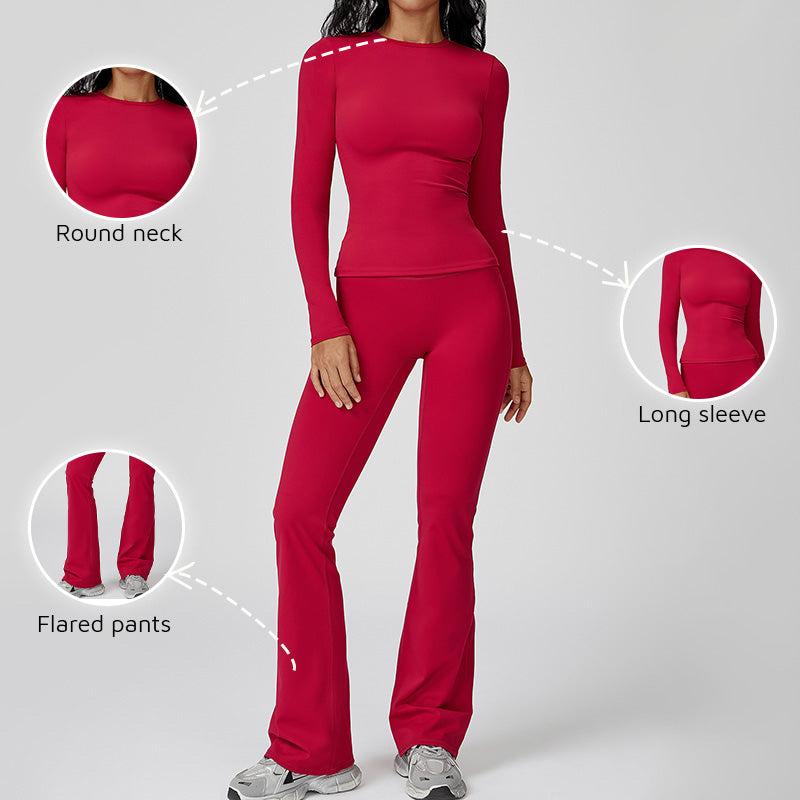 round neck long sleeve top + Flared Leg pants 2-piece set