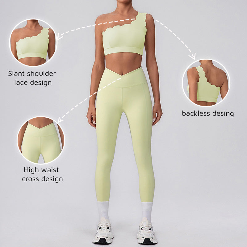 Wave Fitness one shoulder Sports Bra + High-Waist leggings 2-Piece Set