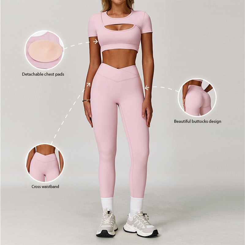 Short sleeve Sports Top + high waist leggings 2-piece set
