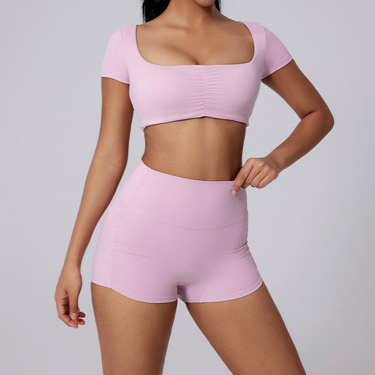 Short sleeve sports crop top + High-waist shorts 2-piece set
