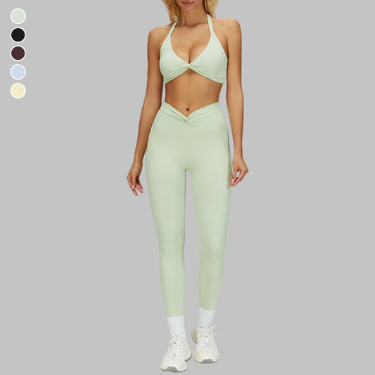 Removable padding sports bra+Pleated waistband sport leggings 2-piece set