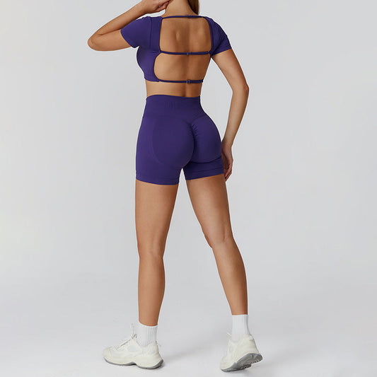 Seamless short sleeve Sports top + High-waisted shorts 2-Piece Set