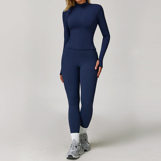 Jacket de fitness con cremallera de manga larga + Leggings de cintura alta de 2 piezas