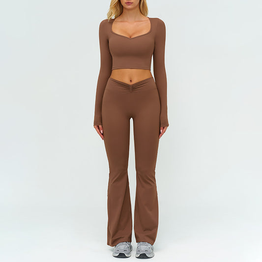 Slim-fitting long-sleeved top + High-waisted flared pants 2-piece set