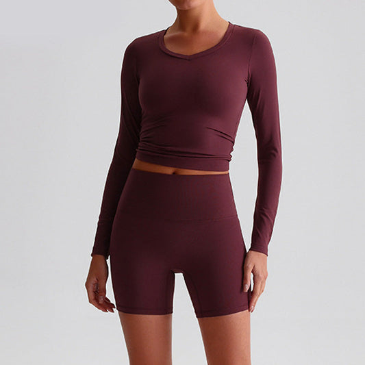 Long sleeve sports top + High-waist shorts 2-piece set