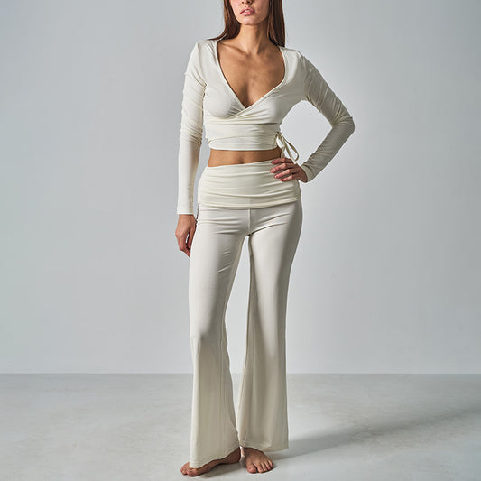 Women's Morday Side Drawstring Yoga Top + High-Waisted Wide-Leg Pants 2-Piece Set