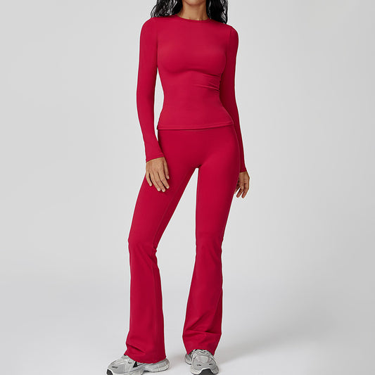 Top a manicotto lungo a collo tondo + pantaloni gambe svasati set a 2 pezzi