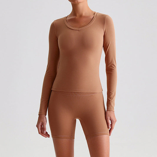 Long sleeve sports top + High-waist shorts 2-piece set