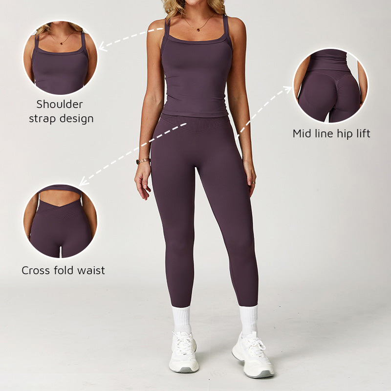 Brushed Thin straps yoga tank top + High-waisted legging 2-piece set