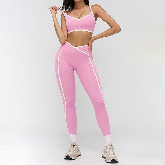 Women's contrasting color sports bra + high-waisted leggings 2-piece set
