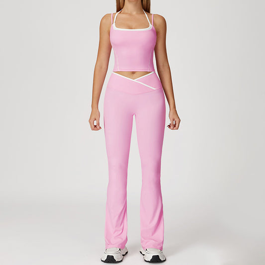 Fake two-piece halter tank top + High-waisted flared leg pants 2 piece Set