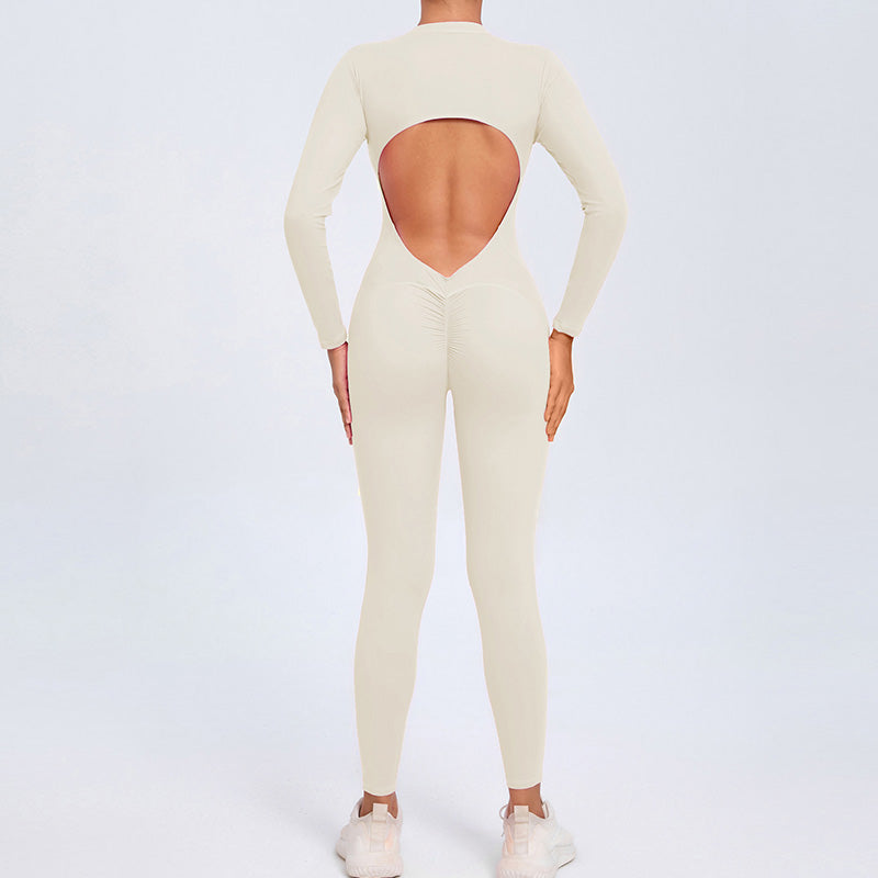 backless half zipper long sleeve yoga legging jumpsuit