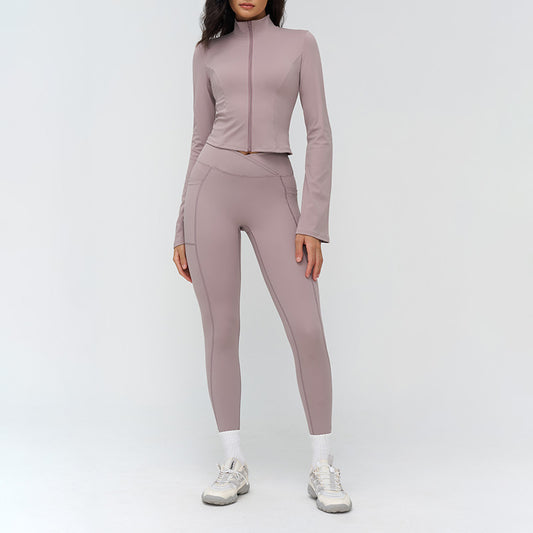 Stand-up collar yoga jacket + side pocket design leggings 2-piece set