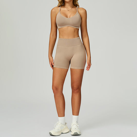 Seamless thin straps Sports Bra + High-waisted shorts 2-Piece Set
