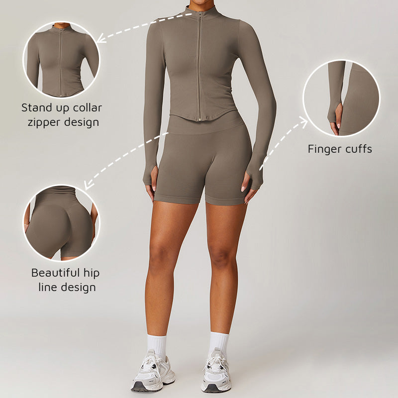 Seamless Long Sleeve Full Zipper Jacket + Shorts 2-piece Set