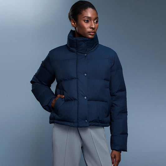 Detachable-hood relaxed-fit down jacket