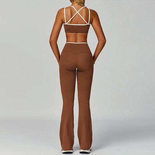 Contrasting Color Sports Bra + Flared Leg pants 2-piece set