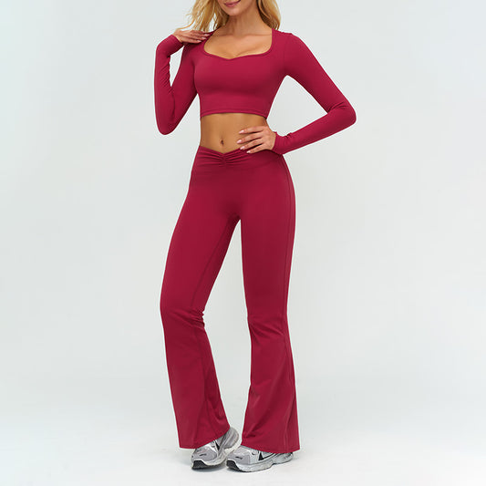 Slim-fitting long-sleeved top + High-waisted flared pants 2-piece set