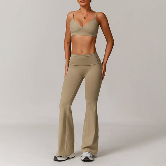 V-shape neck and thin straps sports bras + Flared Leg pants 2-piece set