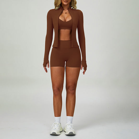 Racerback Sports Bra + Jacket + Shorts de cintura alta Conjunto de 3 peças