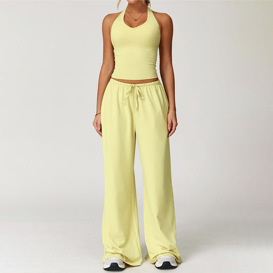 Halter Halsenveless Top e calça de perna reta solta 2 Conjunto de peças
