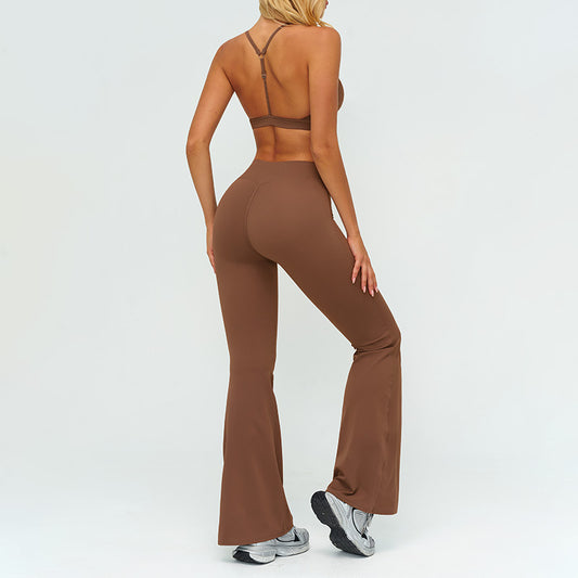 Removable bra pads + High-waisted flared pants 2-piece set