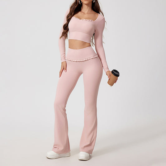 Square Neck Long Sleeves + High-Waisted Flared Pants 2-Piece Set