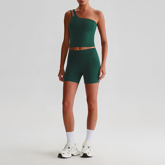 one shoulder Yoga Tank Top & High-waisted shorts 2-piece Set