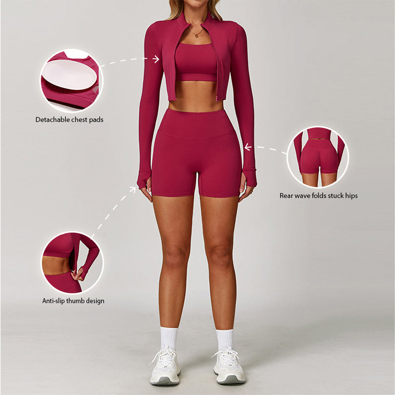 Breathable Yoga Bra + High-waisted Shorts + Jacket 3-piece Set