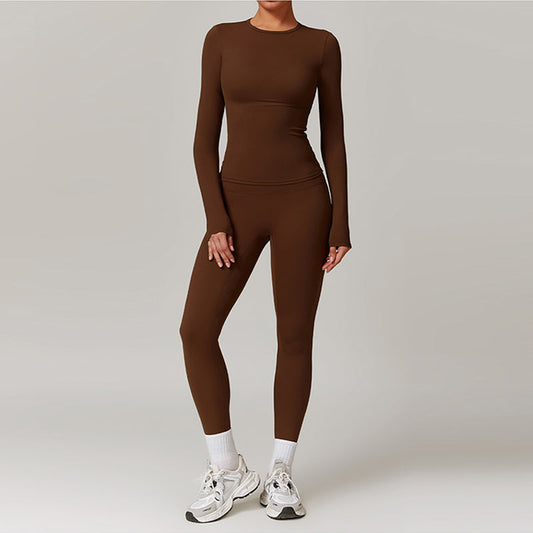 Brushed long sleeve yoga top + High-waisted leggings 2-piece set