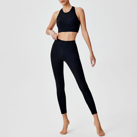 Mesh Splicing Sport Sport Bra + Cantura alta Leggings Conjunto de 2 peças