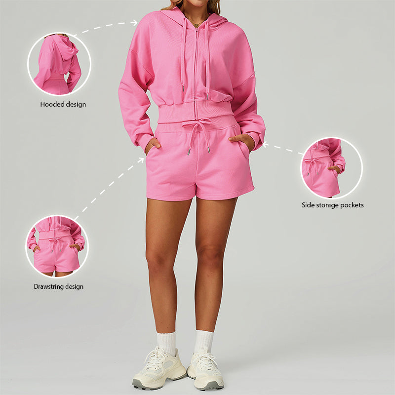 Loose hooded and full zipper Sweatshirt + drawstring shorts 2 pieces set