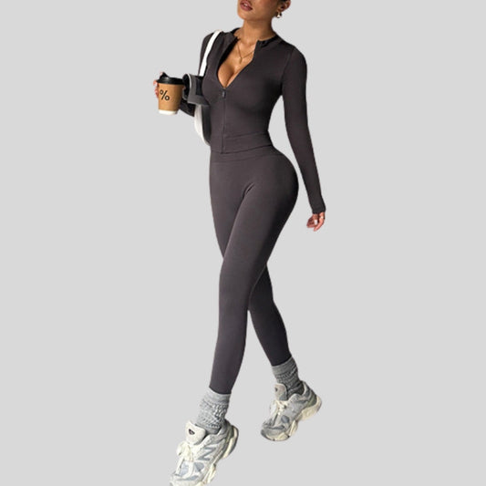 Slim-fitting zippered jacket + seamless trousers two-piece set