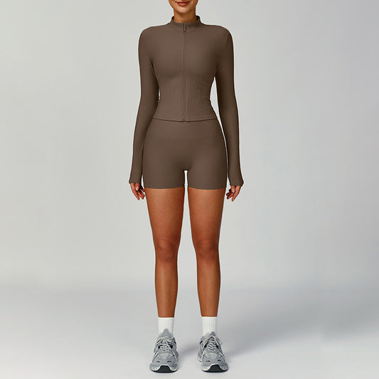 Jaqueta com zíper completo de manga comprida + shorts de cintura alta Conjunto de 2 peças