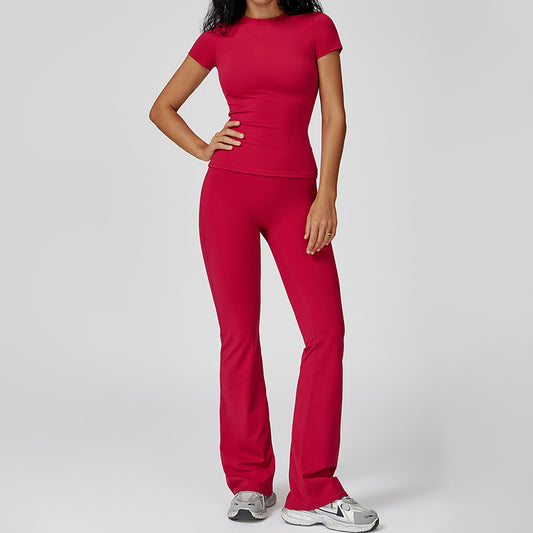 Sport a maniche corte spazzolato Top + pantaloni gambe svasati Set a 2 pezzi