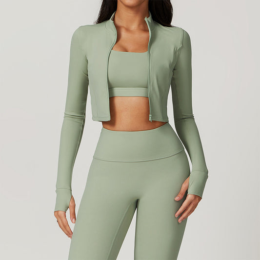 Jaqueta de performance de mangas compridas com zíper de cores sólidas