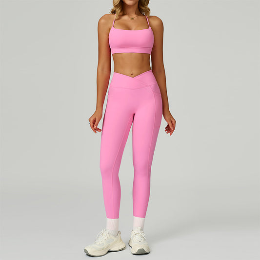 Cinghie sottili sportivi reggiseno + leggings a vita alta set a 2 pezzi