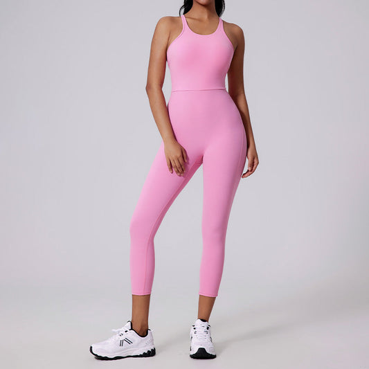 Brushed nude V-shaped back long pants yoga jumpsuit