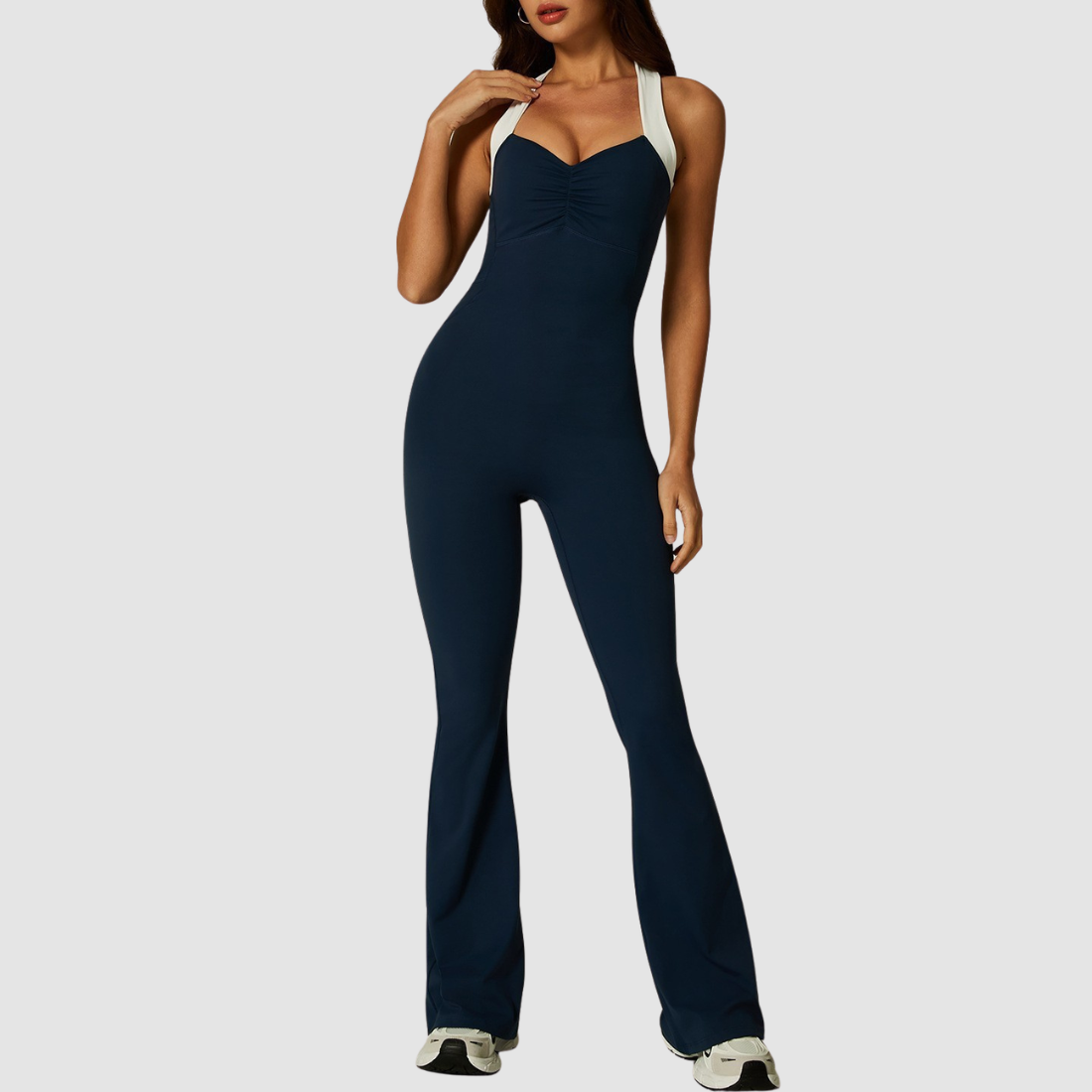 Women's Wholesale Activewear Cross-Back V-Neck Flared-Leg Yoga Jumpsuit