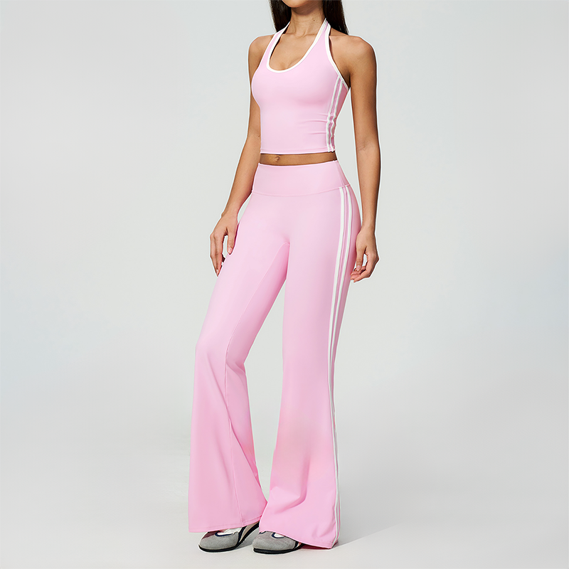 Wholesale Women's Bare-Feel Color-Block Tank Top & High waisted flared pants Set