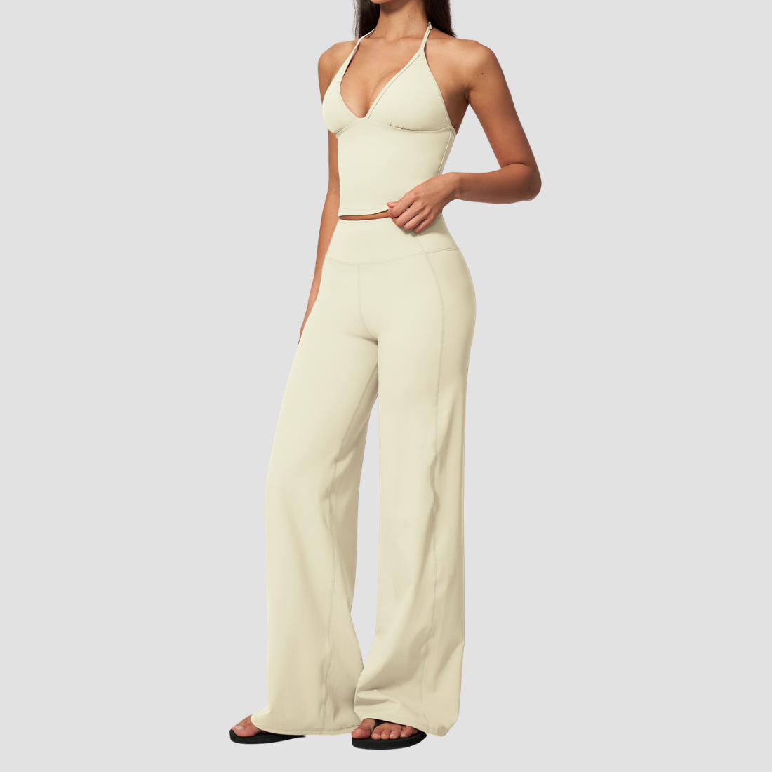 Wholesale Deep V Halter Neck Sweat-Wicking Breathable Fashion Casual Flared Fitness Set
