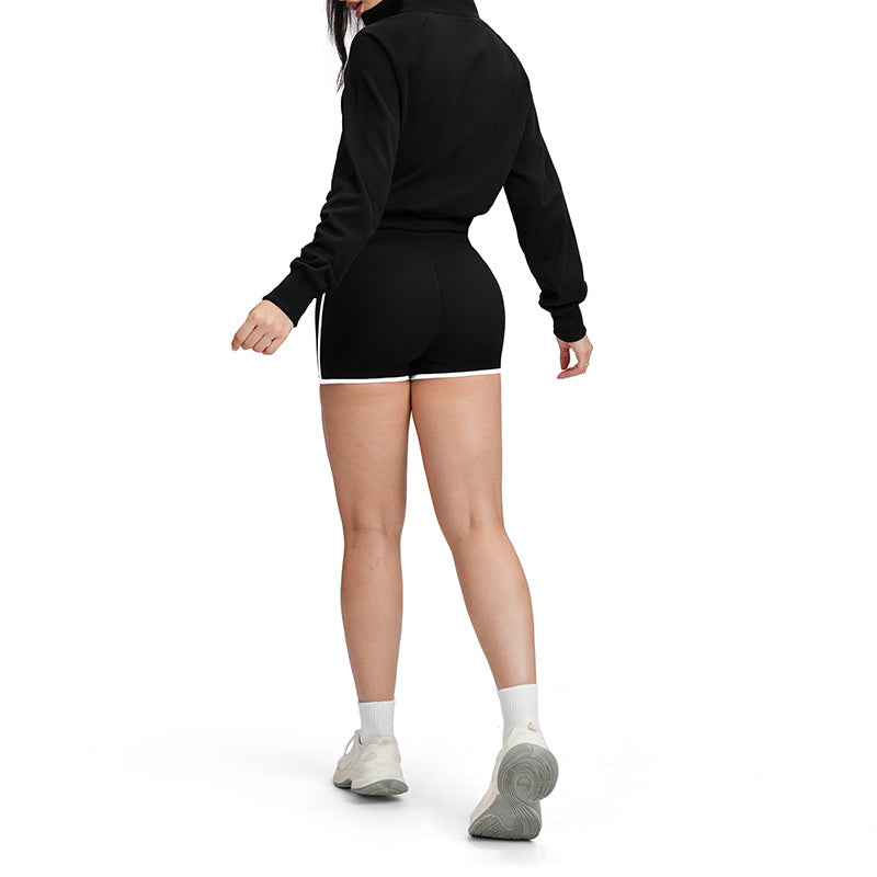 Color-blocked loose-fitting jacket + high-waisted shorts 2-piece set