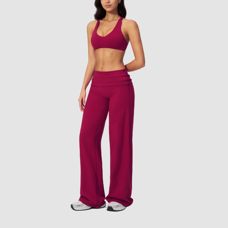 Wholesale Seam-Detail Sports Bra & Fold-up High-Waist Flare Leggings Set