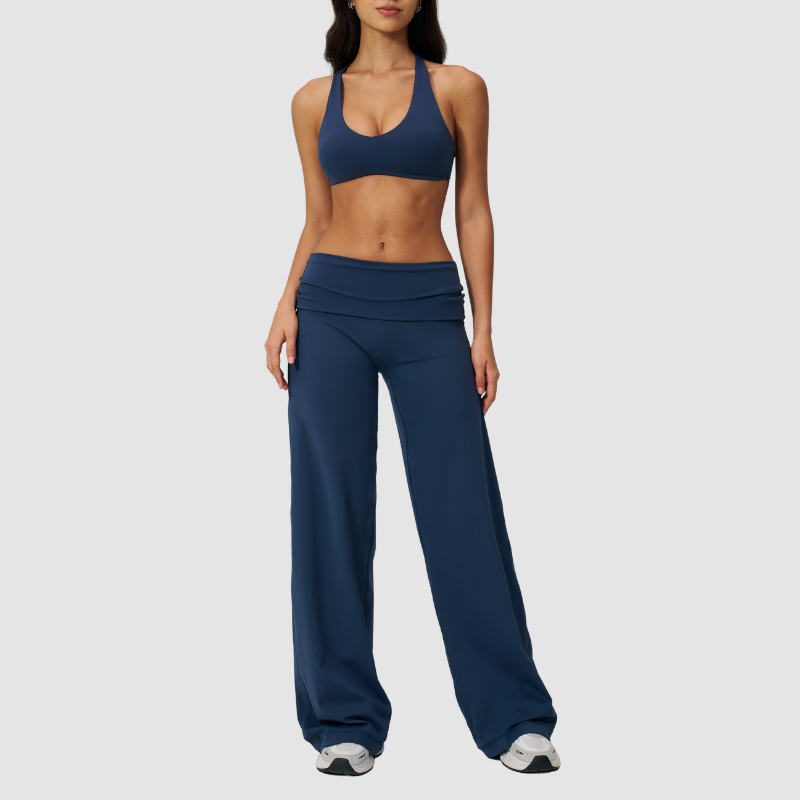 Wholesale Seam-Detail Sports Bra & Fold-up High-Waist Flare Leggings Set