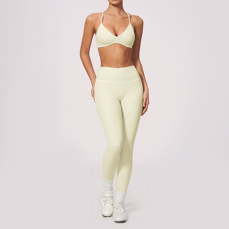 Wholesale Women's Brushed Yoga Set: V-Neck Bra & Leggings – Colorblock Tummy Control