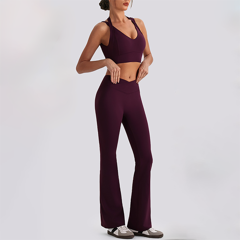 Wholesale Women's Open-Back Long Sleeve Crop Top & High Waist Leggings Set with Chest Pad