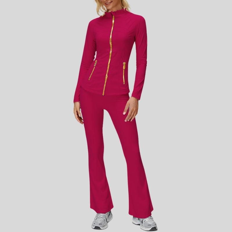 High-Waist Flare Legging with Stand Collar Jacket Set