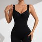 V-neck backless ribbed wide leg double strap yoga jumpsuit